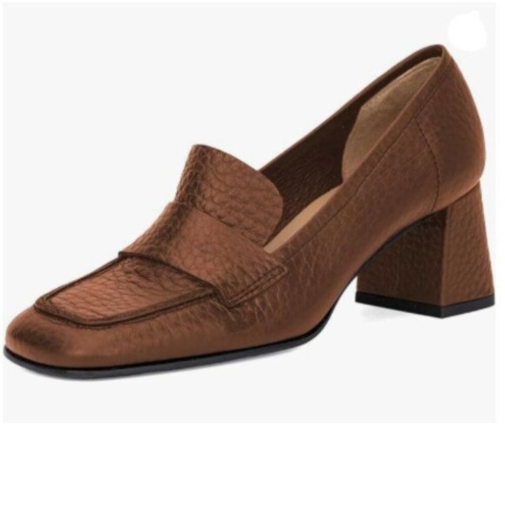 wo wagas Brown Pumps Block Mid Heels Dressy Loafers Square Toe Slip On Shoes